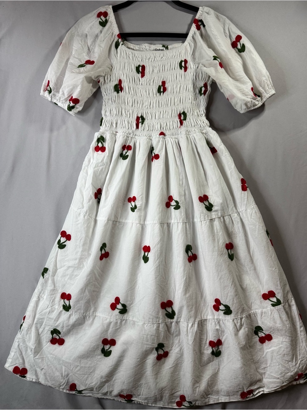 Anthropologie Kindred L Smocked Dress with Red Cherry Embroidery, Boho Chic